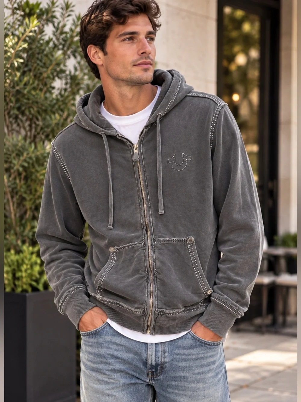 True Religion Big T Raw Zip Hoodie Gray Distressed Y2K Logo Size Large